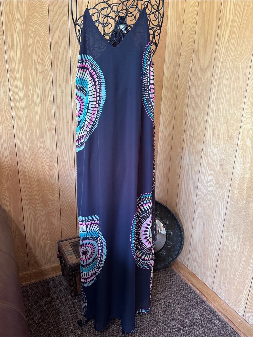 Women's Navy Maxi Dress with Turquoise & Pink Circular Print